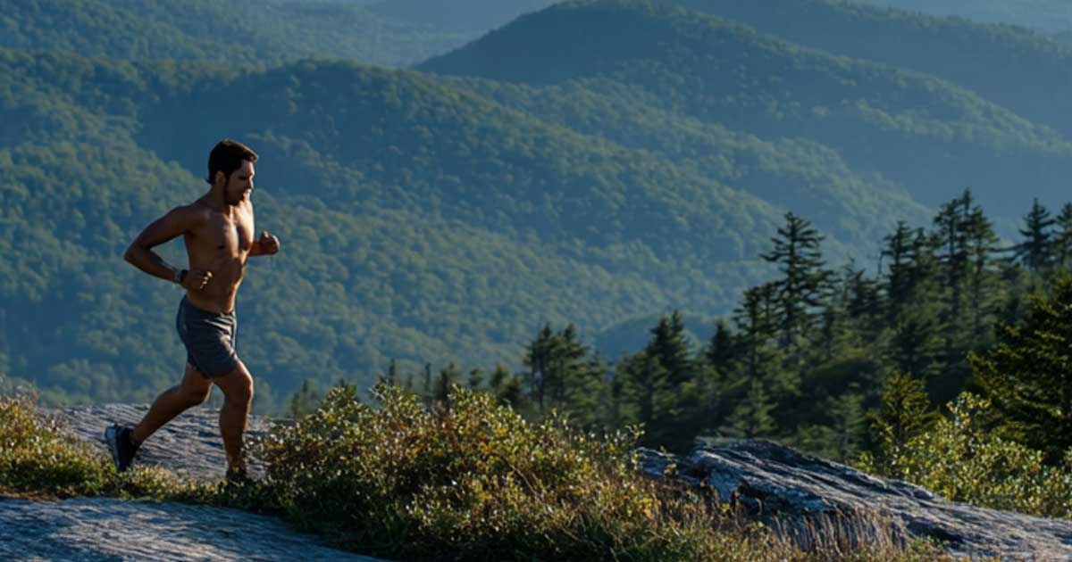 A man running in the mountains after getting a Athlete IV drip in Asheville at Hydrate Medical.